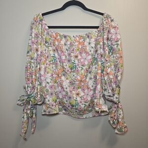 Cece Floral Blouse Off Shoulder Flutter Sleeves Size Large Ponk Green Orange